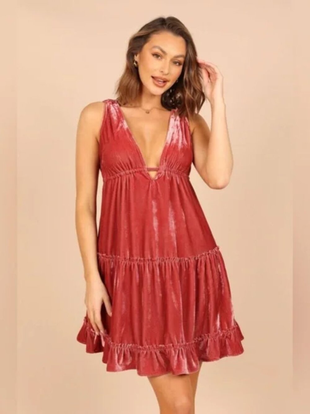 Petal & Pup Eddie Tiered Velvet Mini Dress in Ginger NWT